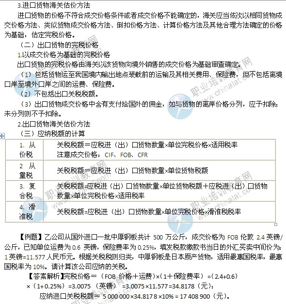 2014年中级财政税收精讲：关税的完税价格和应纳税额的计算