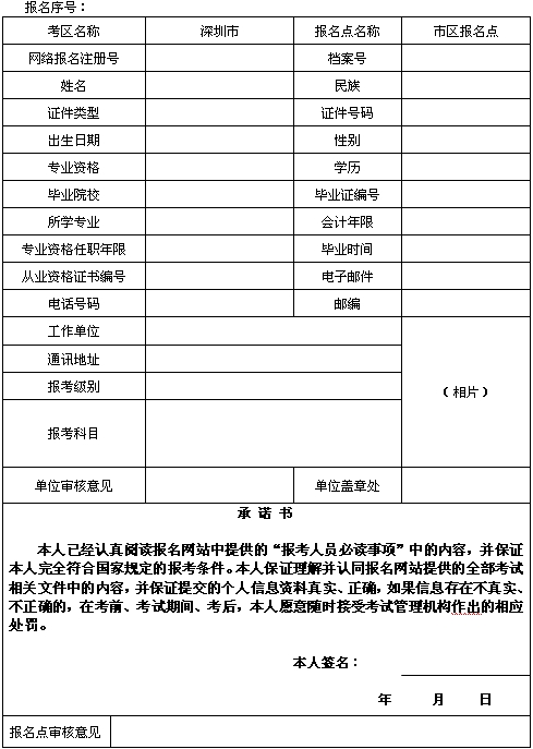 广东深圳2015年初、中、高级会计师考试网上报名考生信息表