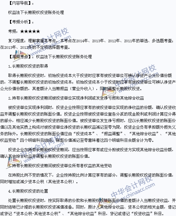 2015年《初级会计实务》高频考点：权益法下长期股权投资账务处理