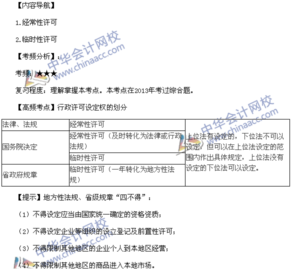 税务师《涉税服务相关法律》高频考点：行政许可设定权的划分