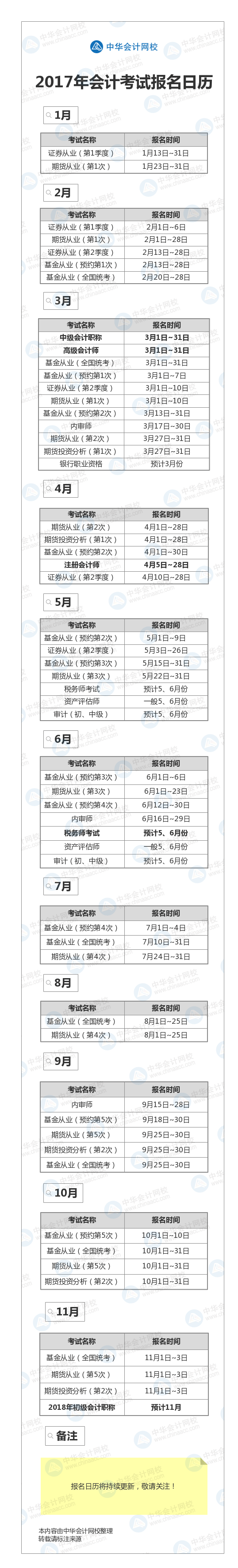 2017年会计考试报名日历出炉！