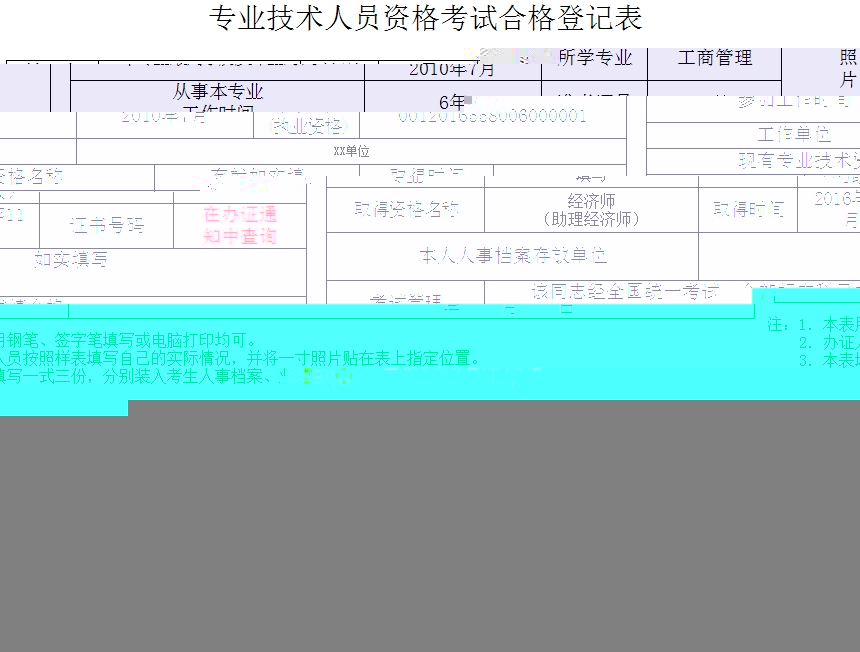 专业技术人员资格考试合格登记表