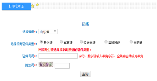 山东初级准考证打印