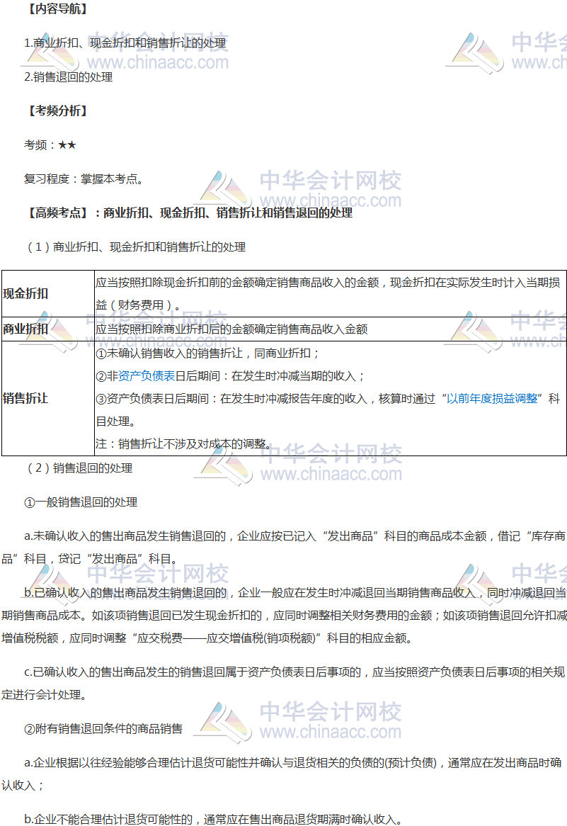 2018年《中级会计实务》高频考点：销售折让和销售退回的处理