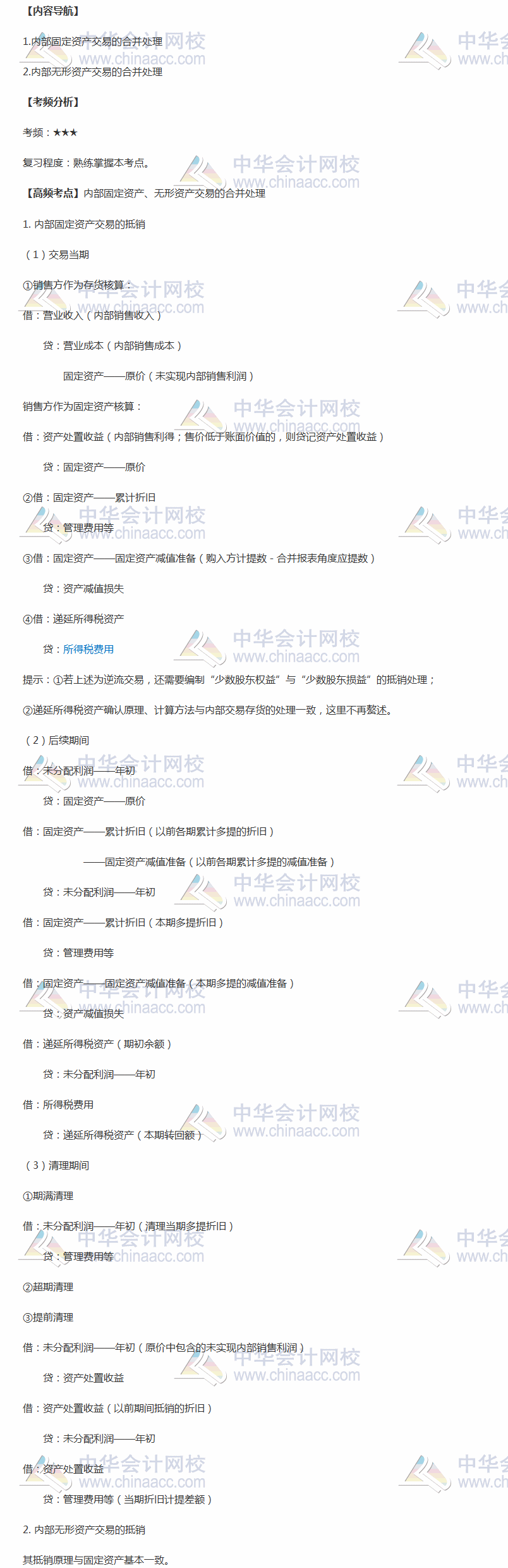 2018年中级职称《中级会计实务》高频考点：内部固定资产、无形资产交易的合并处理