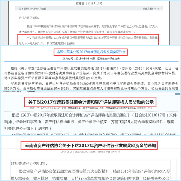 针对资产评估师个人及评估机构进行奖励