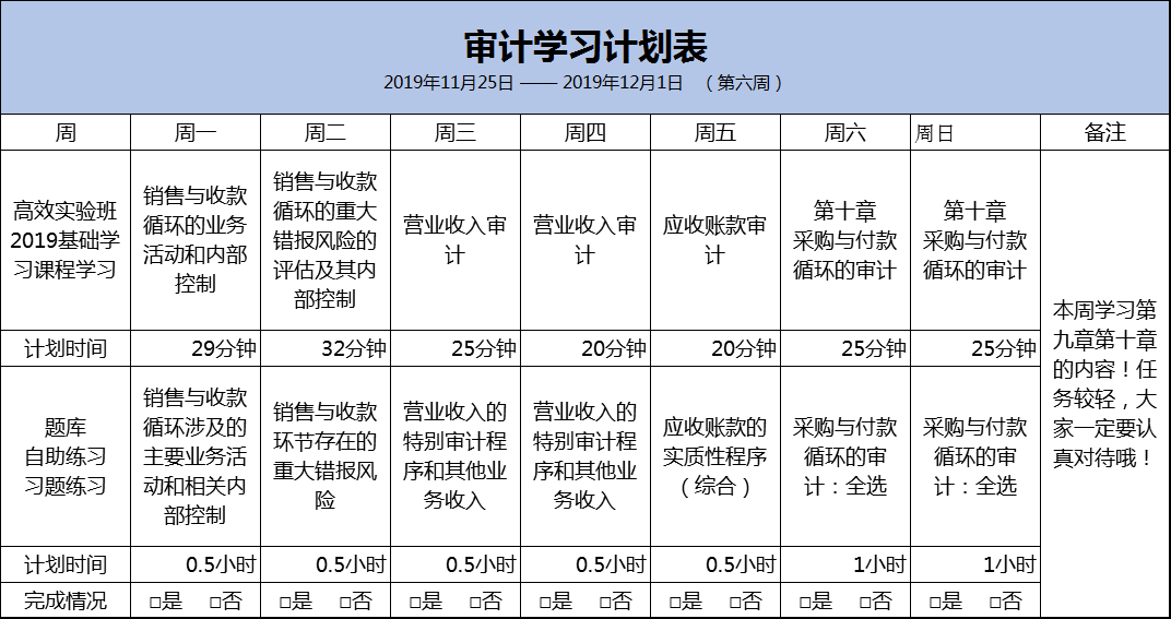 审计预习计划表