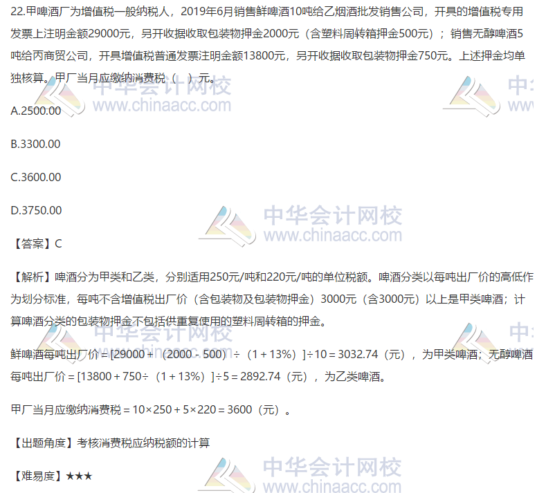 2019税务师税法一试题单选题22