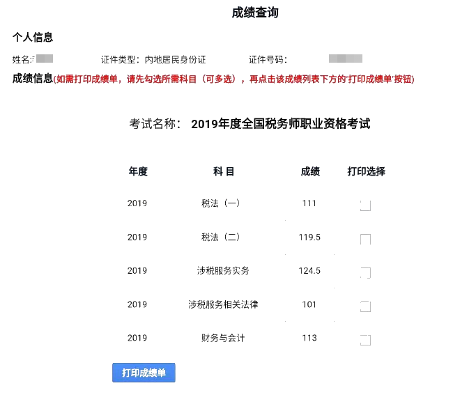 2019税务师成绩单2