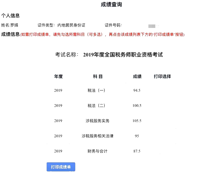 2019税务师一次过五科高分学员成绩单2