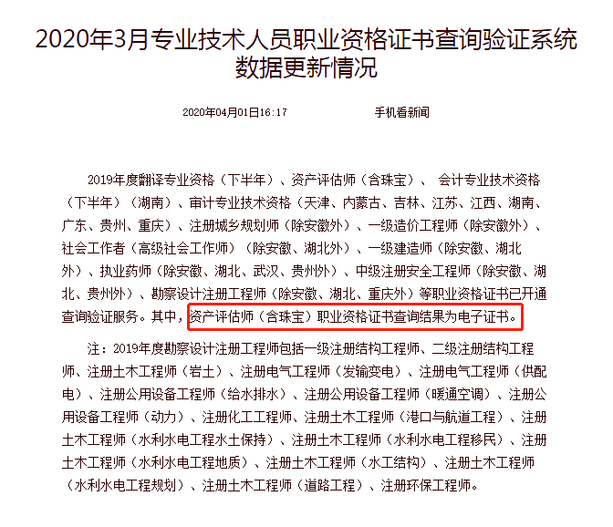 2020年3月专业技术人员职业资格证书查询验证系统数据更新情况