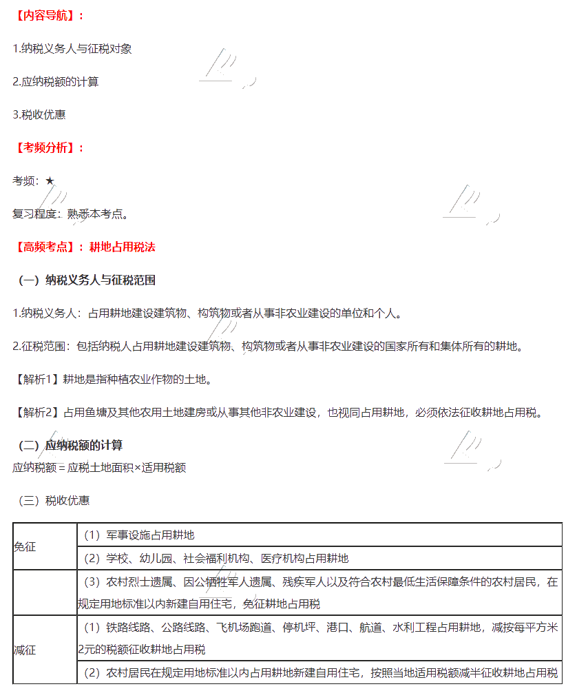 2020注会税法第九章高频考点：耕地占用税法