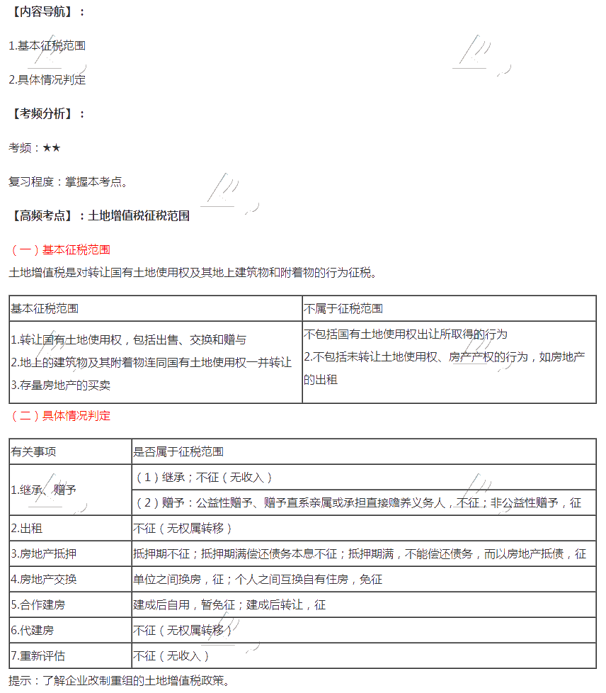 2020注会税法第十章高频考点：土地增值税征税范围