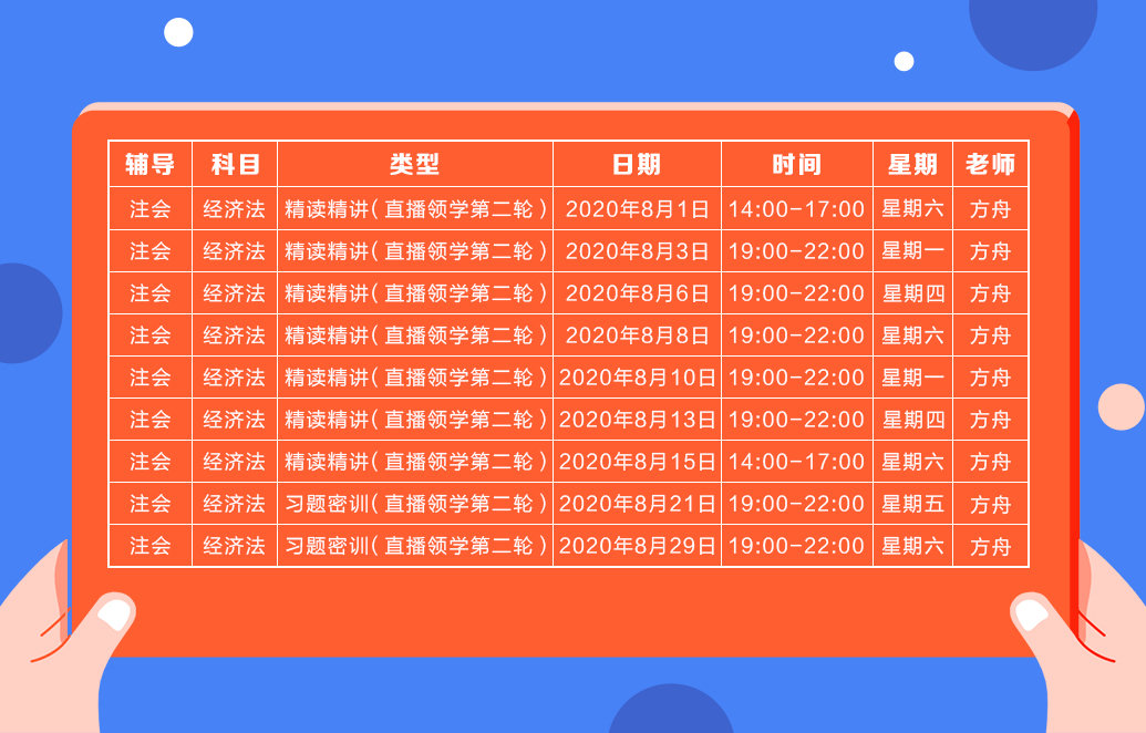 2020注会直播领学班（第二轮）《经济法》课程表