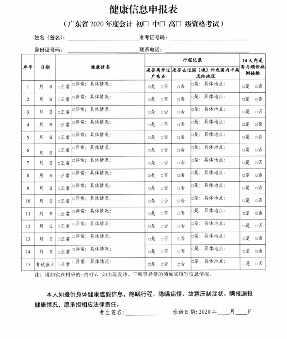 广东佛山2020年度全国会计专业技术资格考试疫情防控告知书