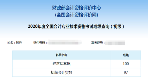 初级会计考试成绩单