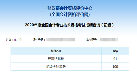 初级会计考试成绩单