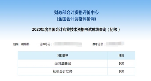 初级会计考试成绩单