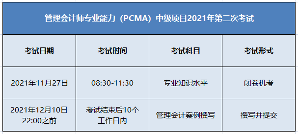 11月中级管理会计师考试安排