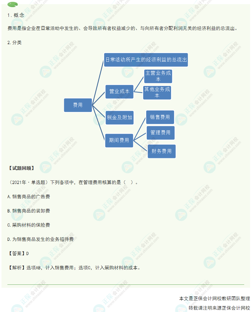 2022年《初级会计实务》高频考点：费用的内容及其分类