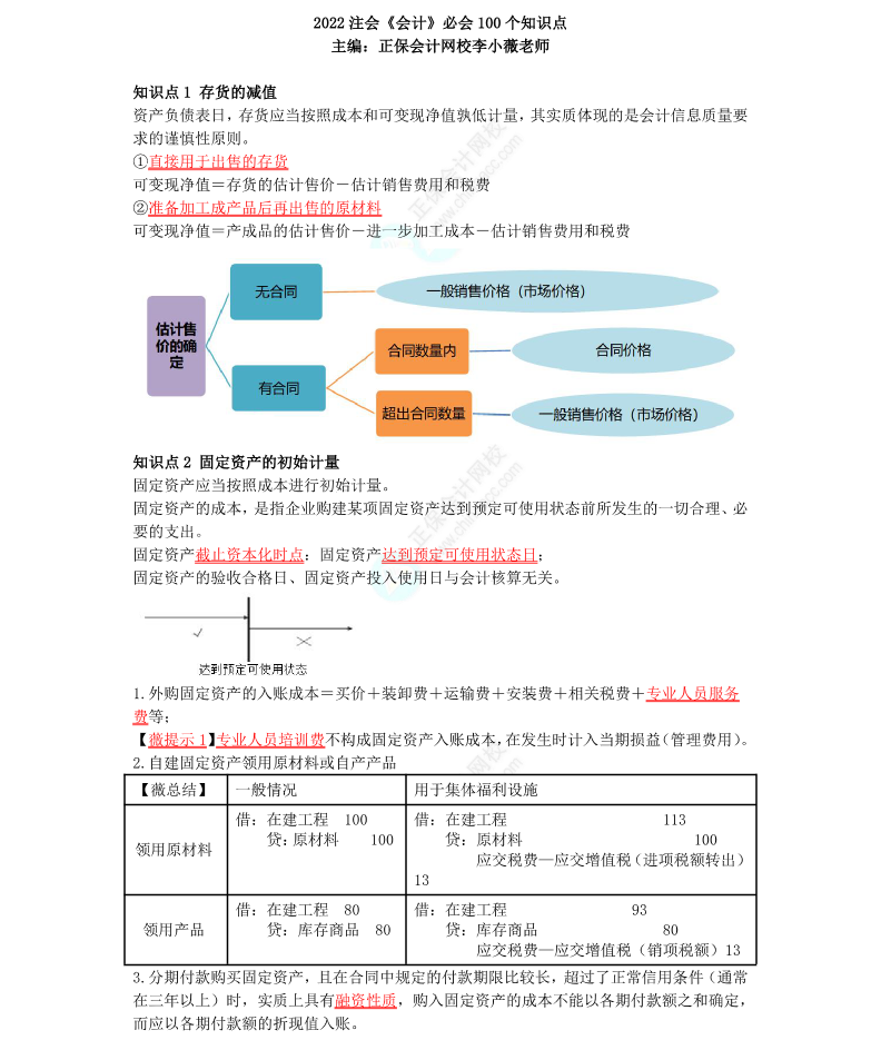 李小薇：2022年注会《会计》考前必会100个知识点