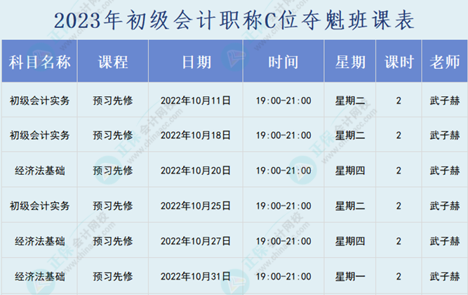 2023年初级会计职称C位夺魁班直播课表表