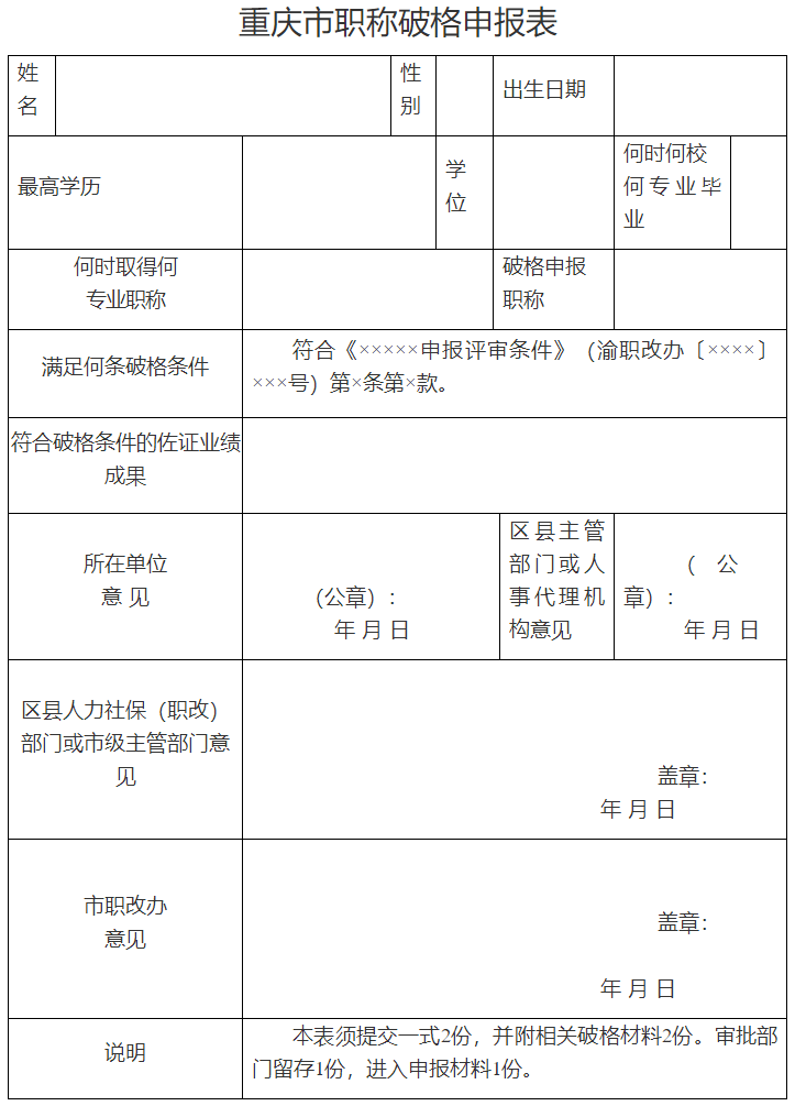 重庆市职称破格申报表