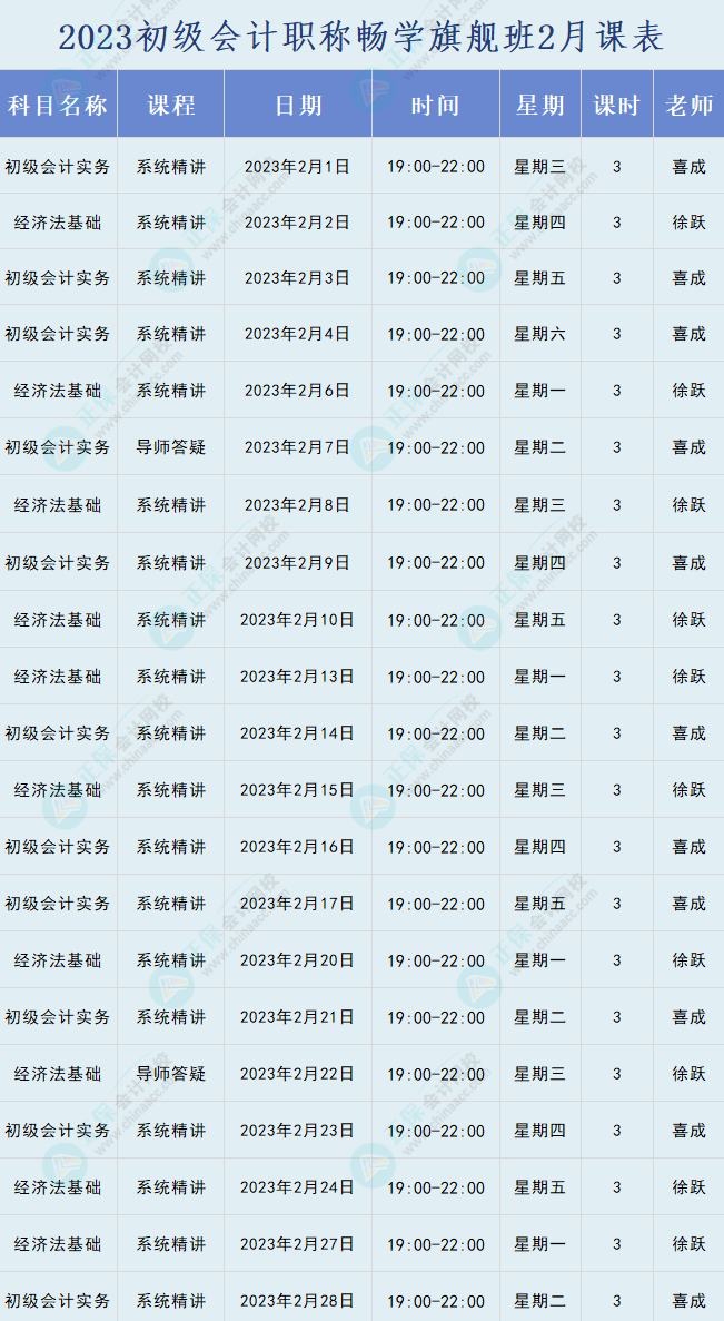 2023年初级会计职称畅学旗舰班直播课表