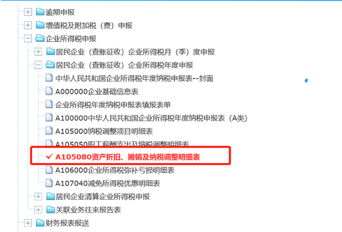 填报表单A105080资产折旧、摊销及纳税调整明细表