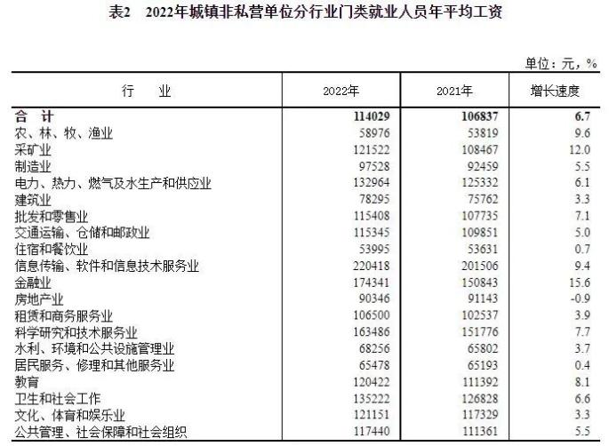 2022年城镇非私营单位分行业门类就业人员年平均工资