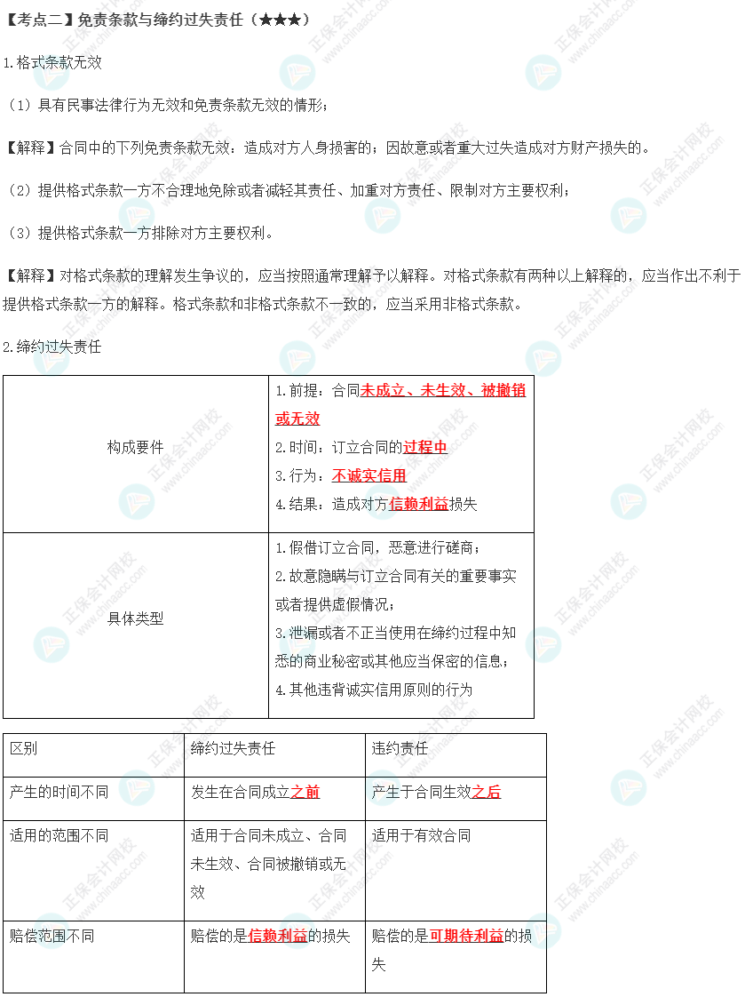 2023年注会《经济法》第4章高频考点2：免责条款与缔约过失责任