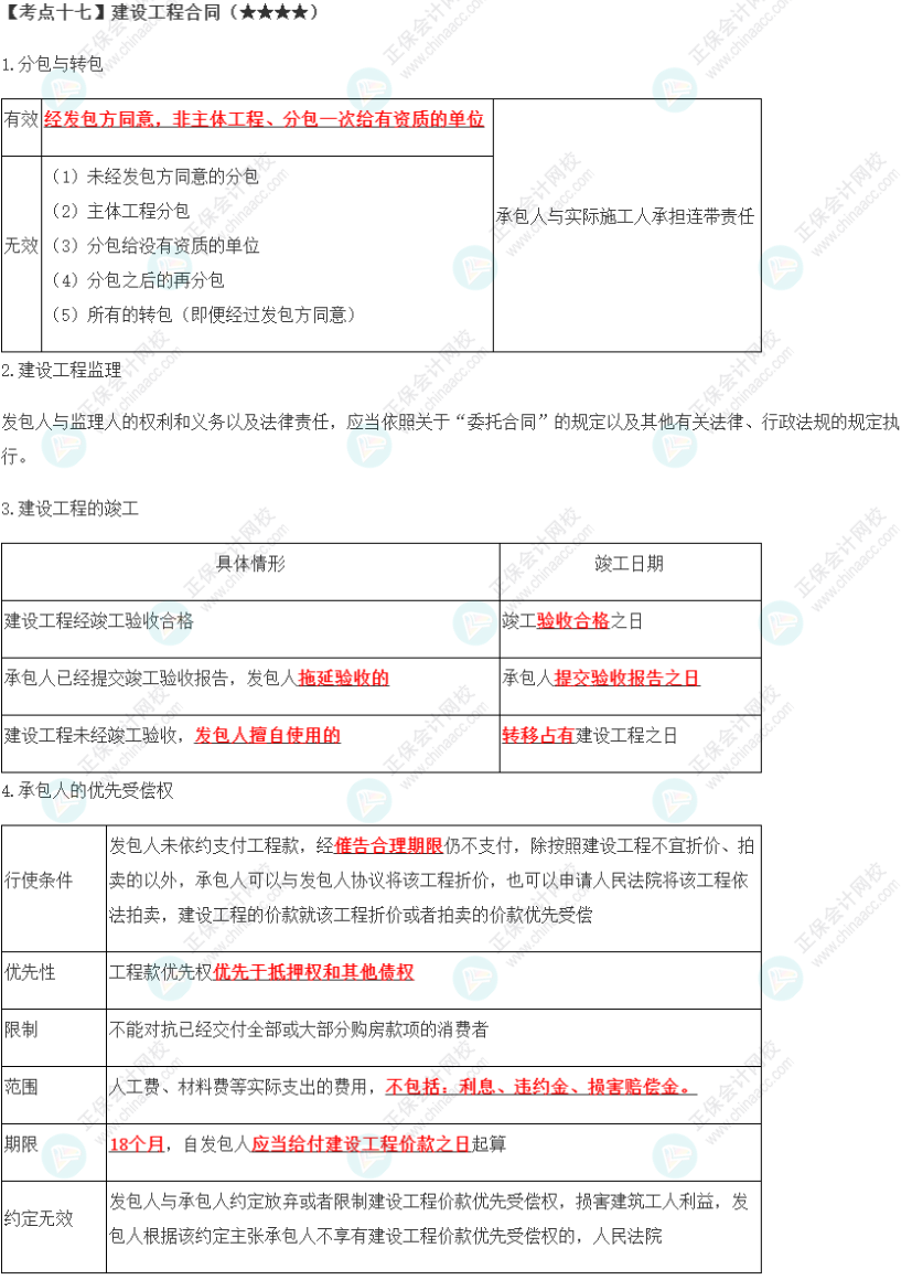 2023年注会《经济法》第4章高频考点17：建设工程合同