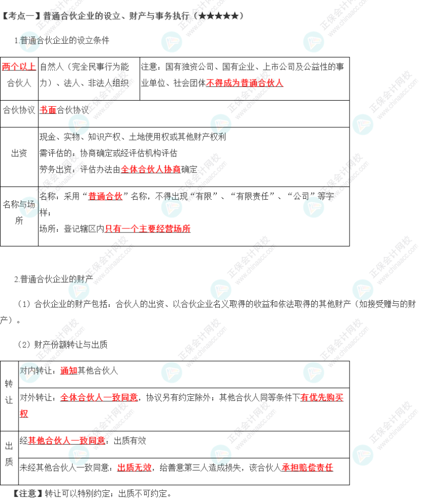 2023年注会《经济法》第5章高频考点1：普通合伙企业的设立、财产与事务执行