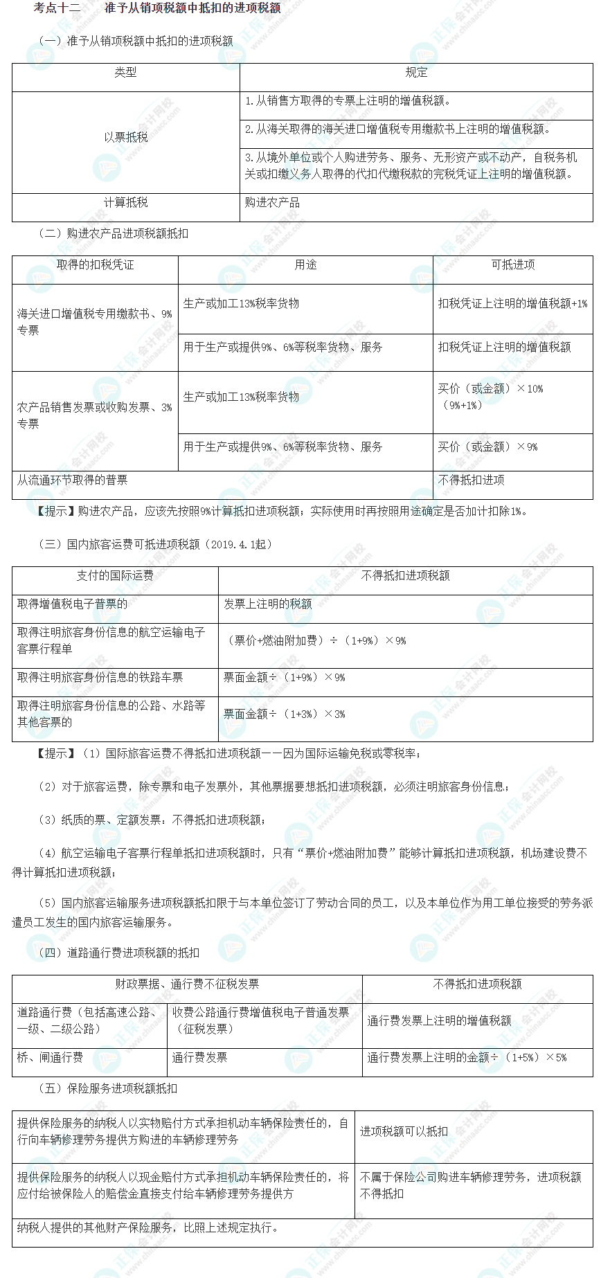 2023注会《综合阶段》必背考点十二：准予从销项税额中抵扣的进项税额