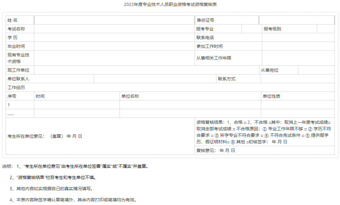 2023年度专业技术人员职业资格考试资格复核表