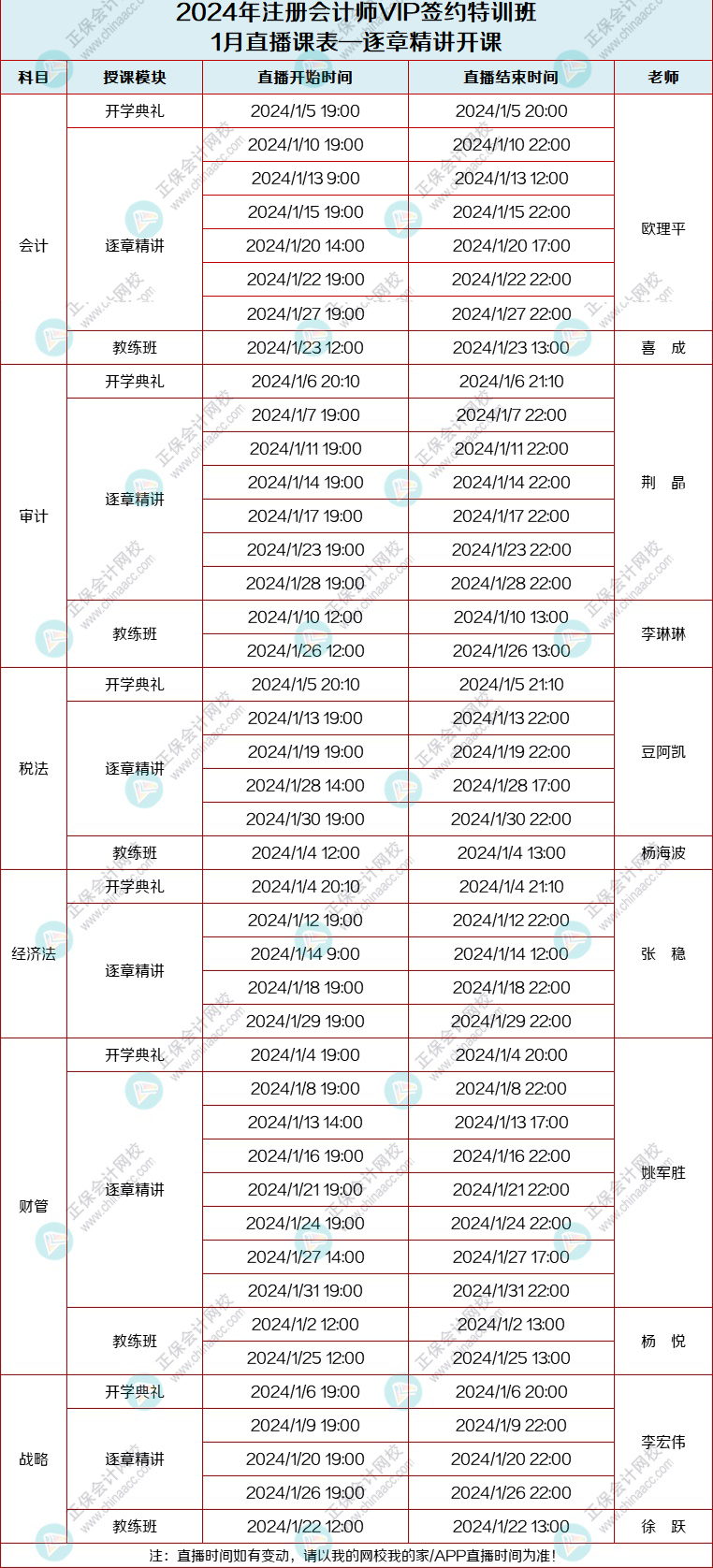 2024注会1月直播课表