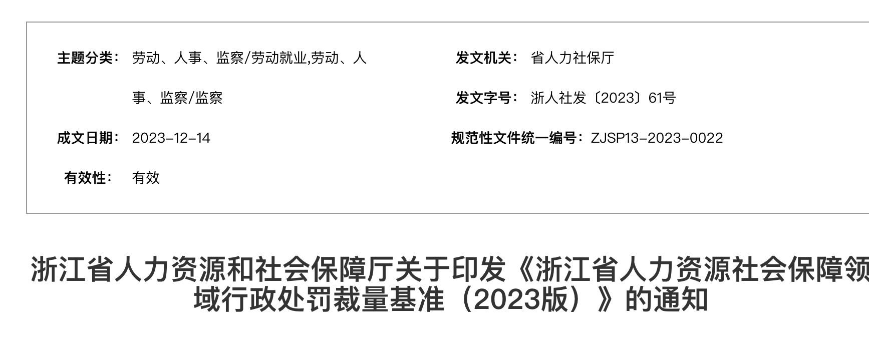 浙江省人力资源社会保障领域行政处罚裁量基准（2023版）