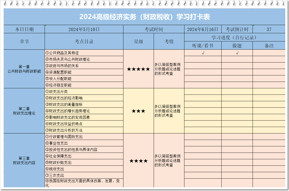 2024年高级经济师财税学习打卡表