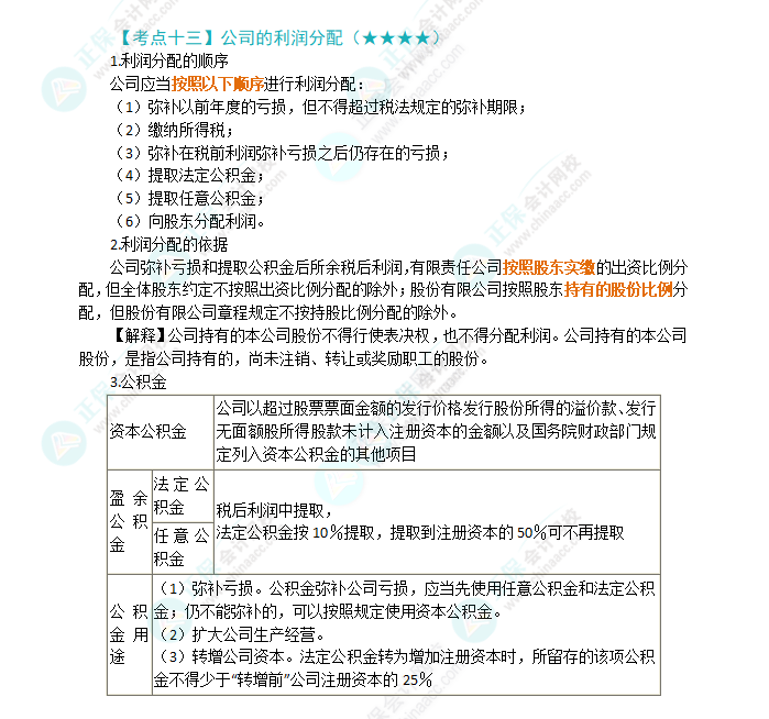 2024年注会第6章高频考点13：公司利润的分配