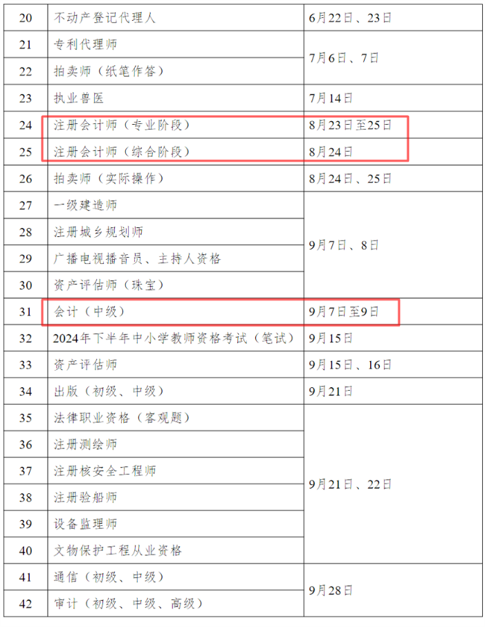 会计人必看：2024下半年考证时间表