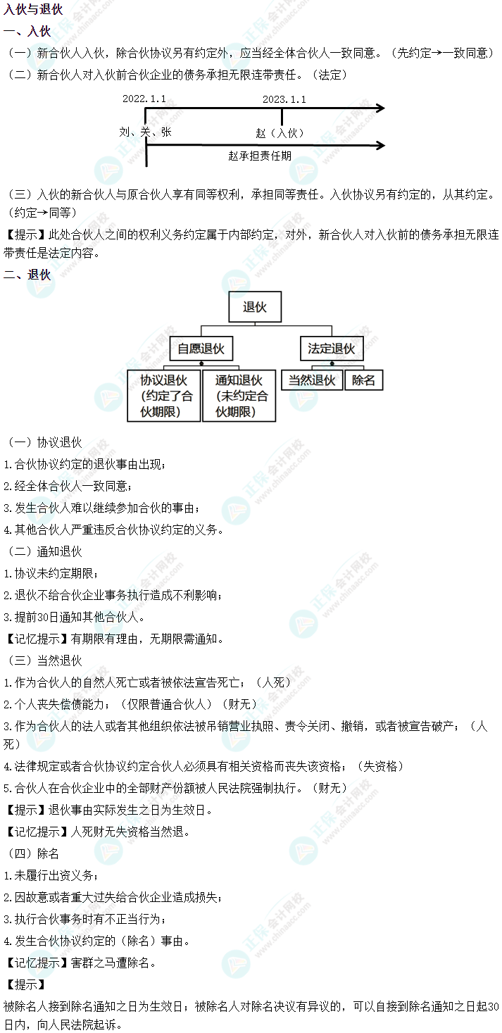 2024中级会计《经济法》必会考点-入伙与退伙