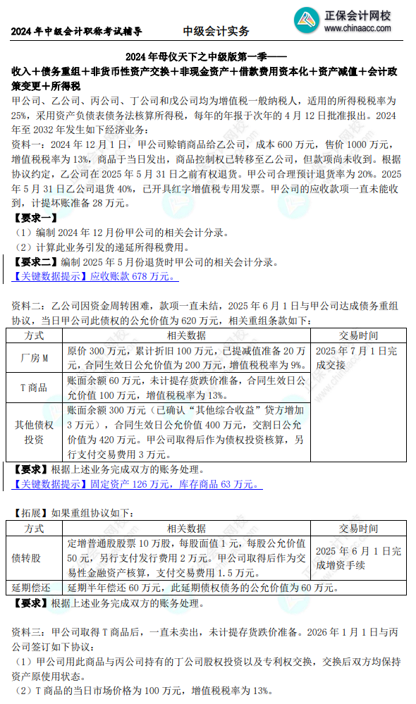 2024年《中级会计实务》母仪天下第一季-非现金资产专题