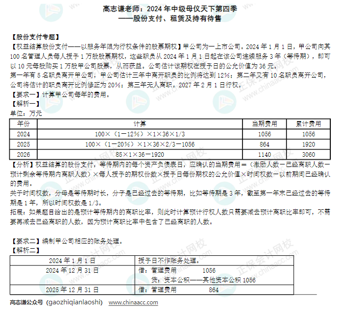 【答案】2024年《中级会计实务》母仪天下第四季-股份支付、租赁及持有待售