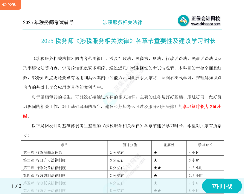 2025年税务师《涉税服务相关法律》各章节建议学习时长及重要性