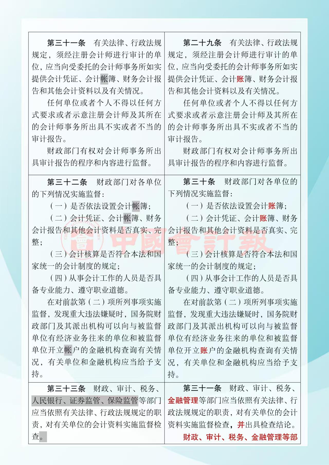 《中华人民共和国会计法》修改前后对照表9