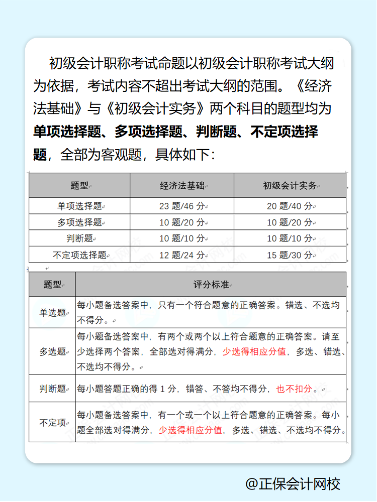 了解一下！初级会计职称考试题型内容与分值分布